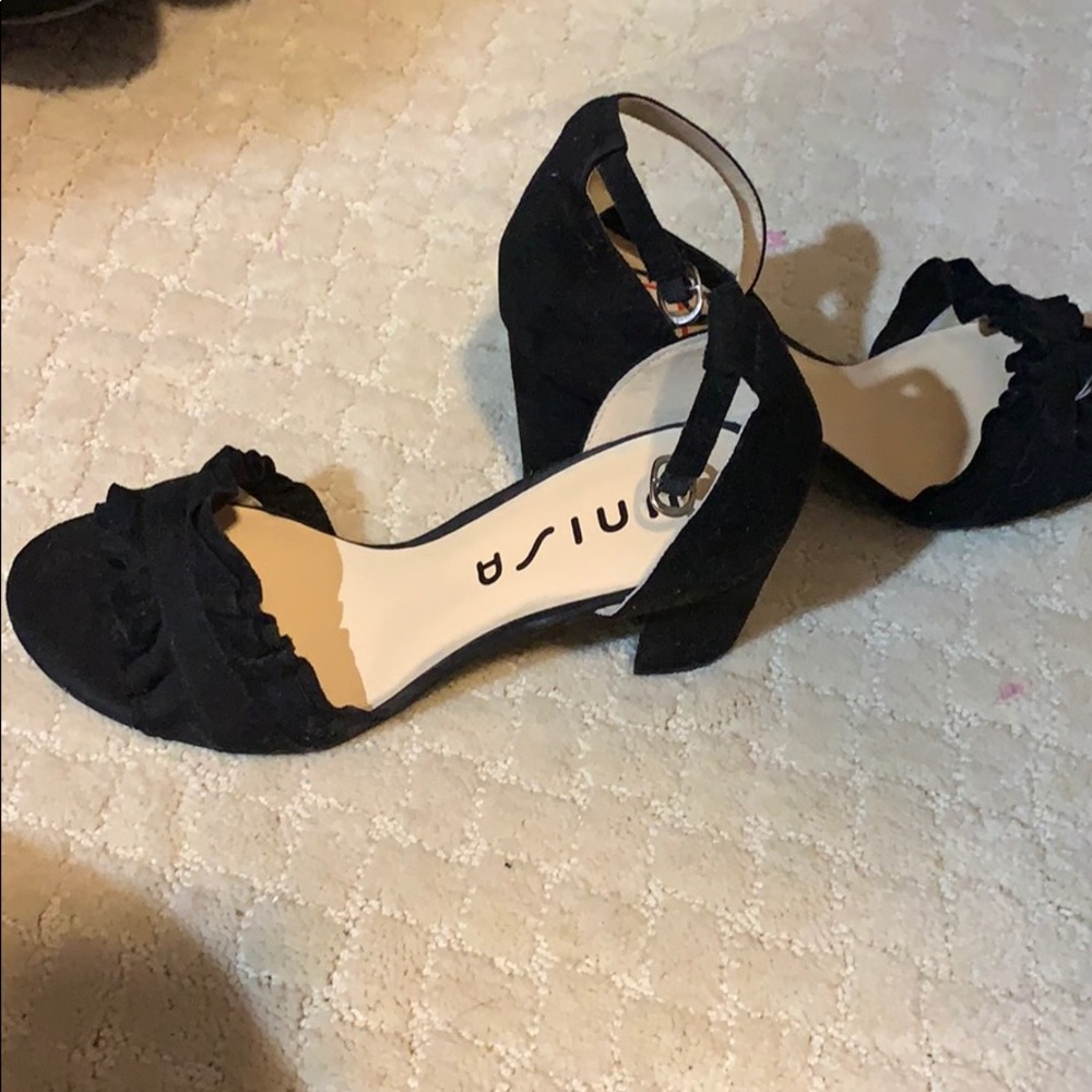 Black suede block heel sandal